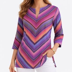 Coldwater Creek 100% LINEN Womens Size Small Aztec Pink Blouse Shirt Top V Neck